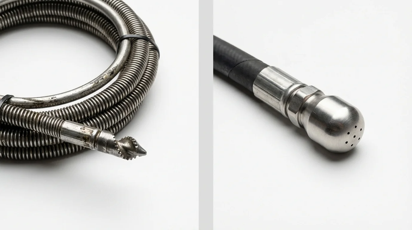 Drain snake cable and hydro jetting nozzle used for drain cleaning in Yorkville, OH