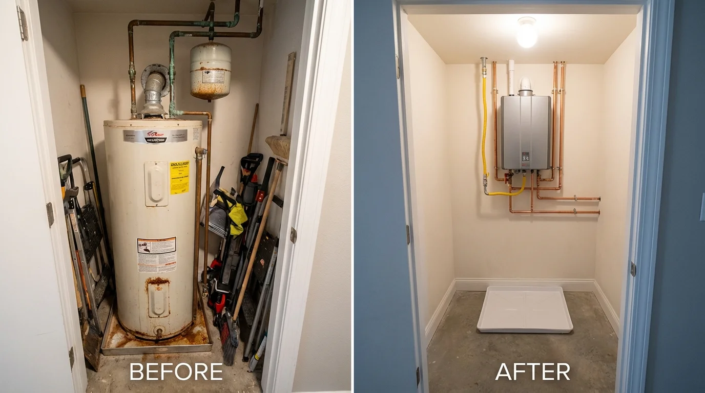 Tank water heater versus wall-mounted tankless unit comparison for Yorkville, OH homeowners