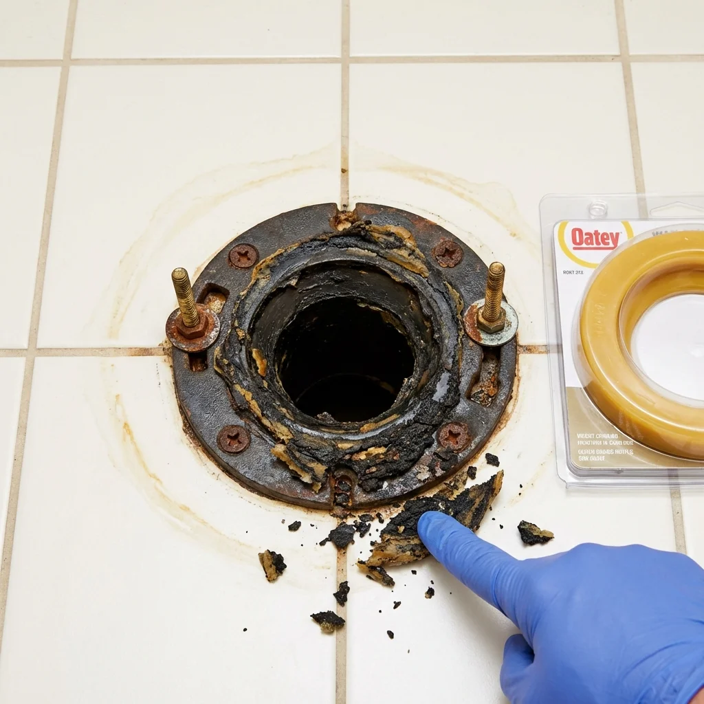 Failed wax ring showing water seepage at the base of a toilet in a Yorkville, OH home