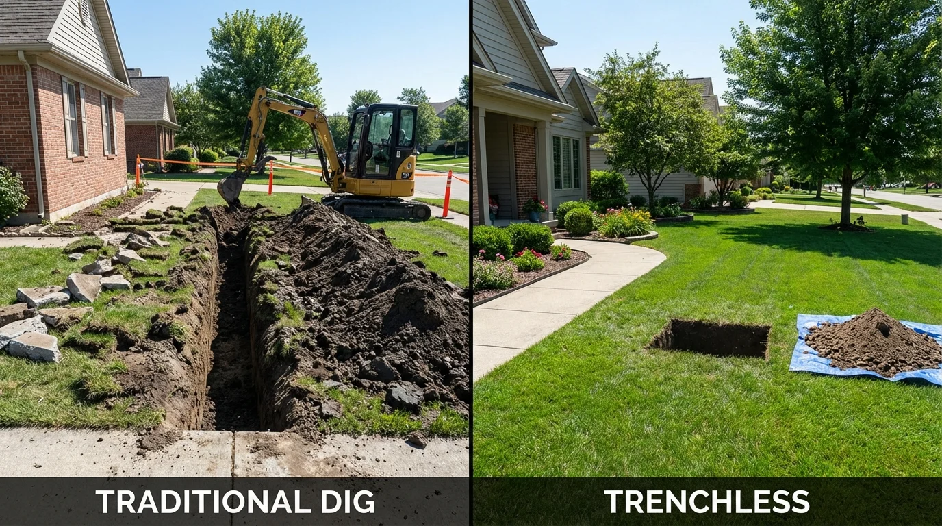 Trenchless sewer repair with minimal yard damage versus traditional excavation in Yorkville, OH