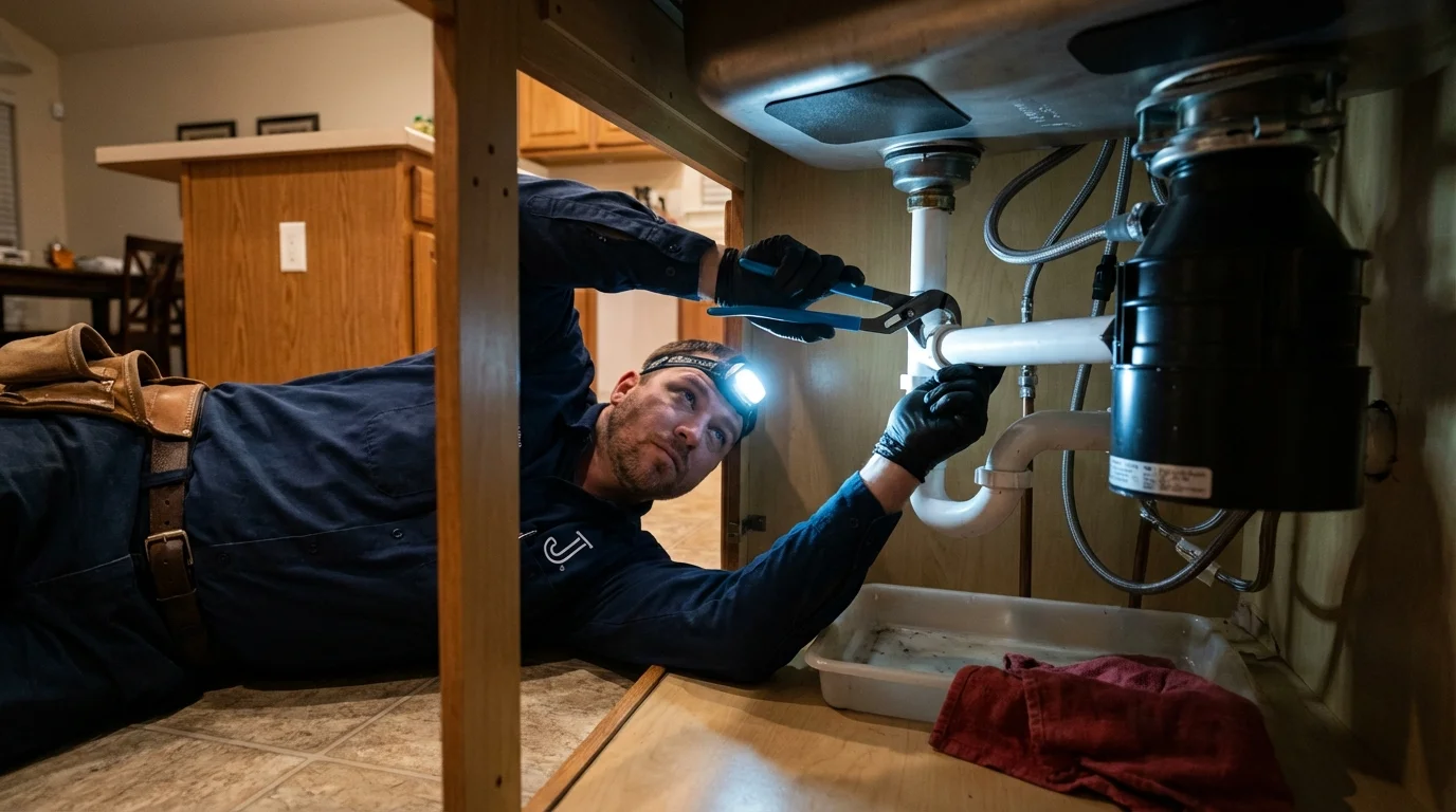 P-trap and supply line connections under a kitchen sink showing a common leak point in Yorkville, OH